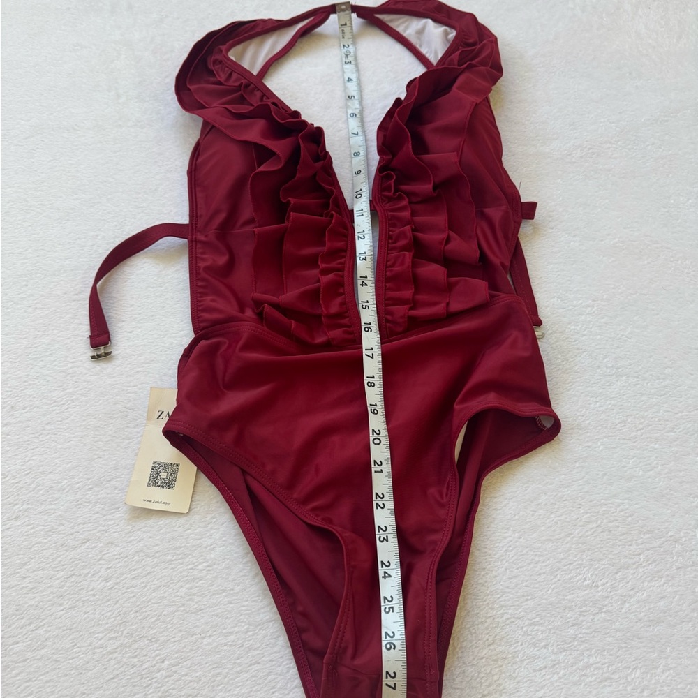 NWT Zara Maroon Ruffle One Piece Swimsuit - Picture 3 of 6